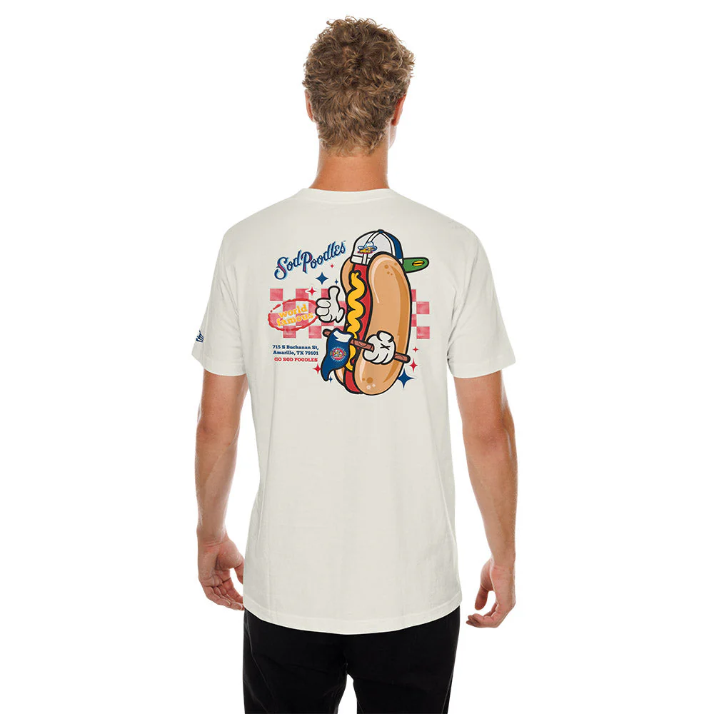 Amarillo Sod Poodles New Era Cream Game Hot Dog Tee - Image 4