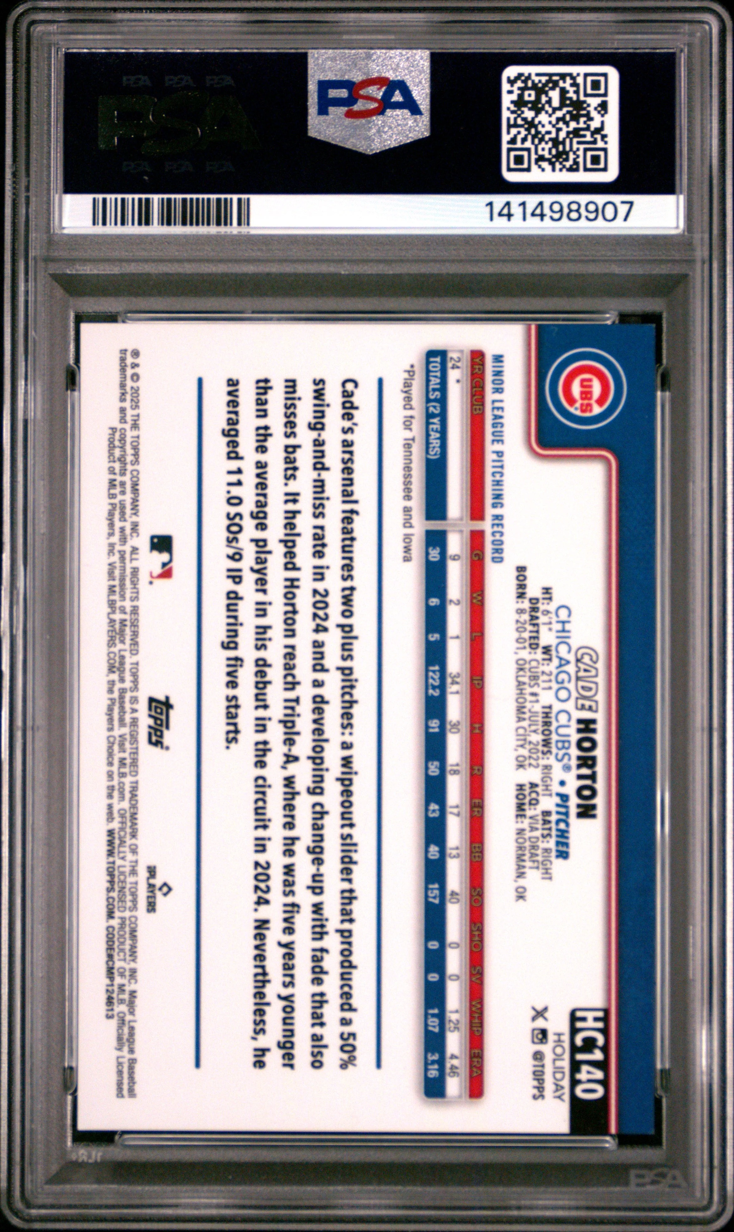 Cade Horton 2025 Topps Holiday #HC140 Chrome Black Refractor 03/10 PSA 9 - Image 2