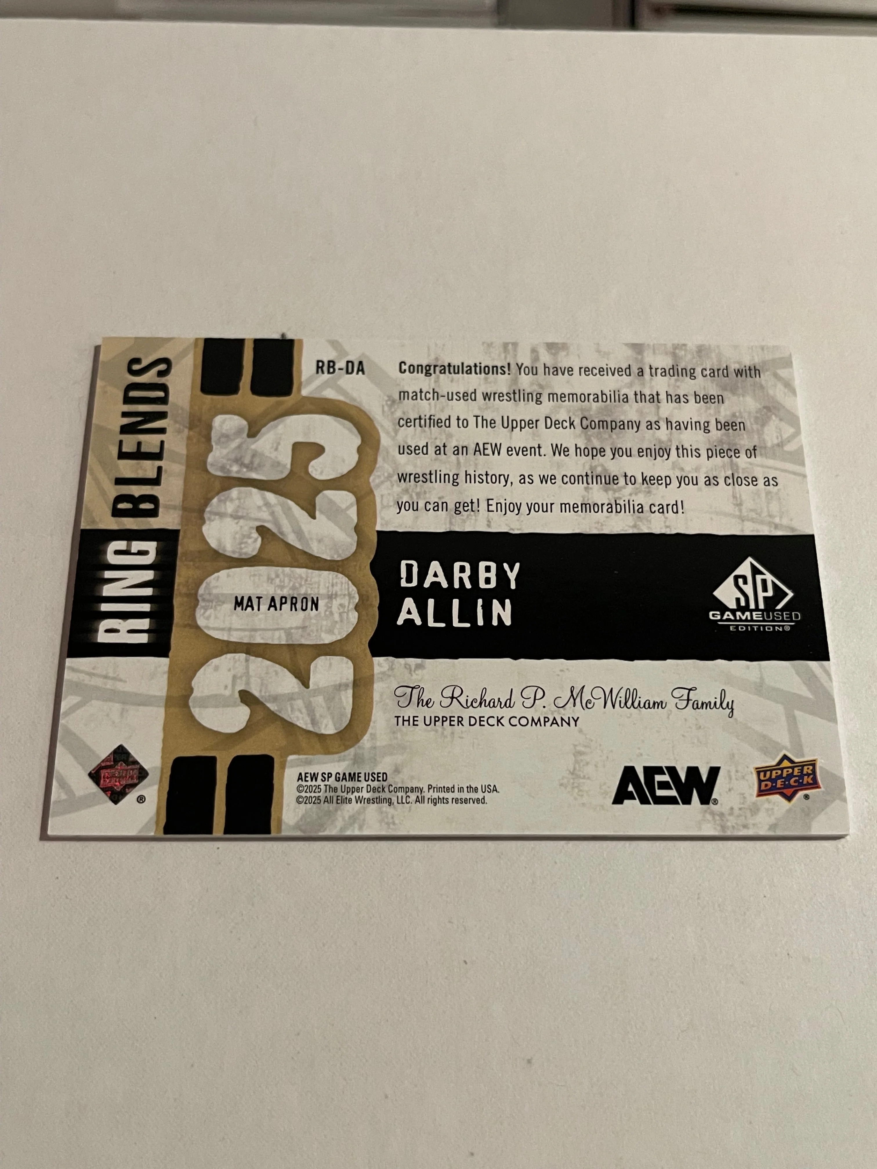 Darby Allin 2025 Upper Deck AEW SP Game Used Ring Blends #RB-DA 07/35 Mat Apron - Image 2