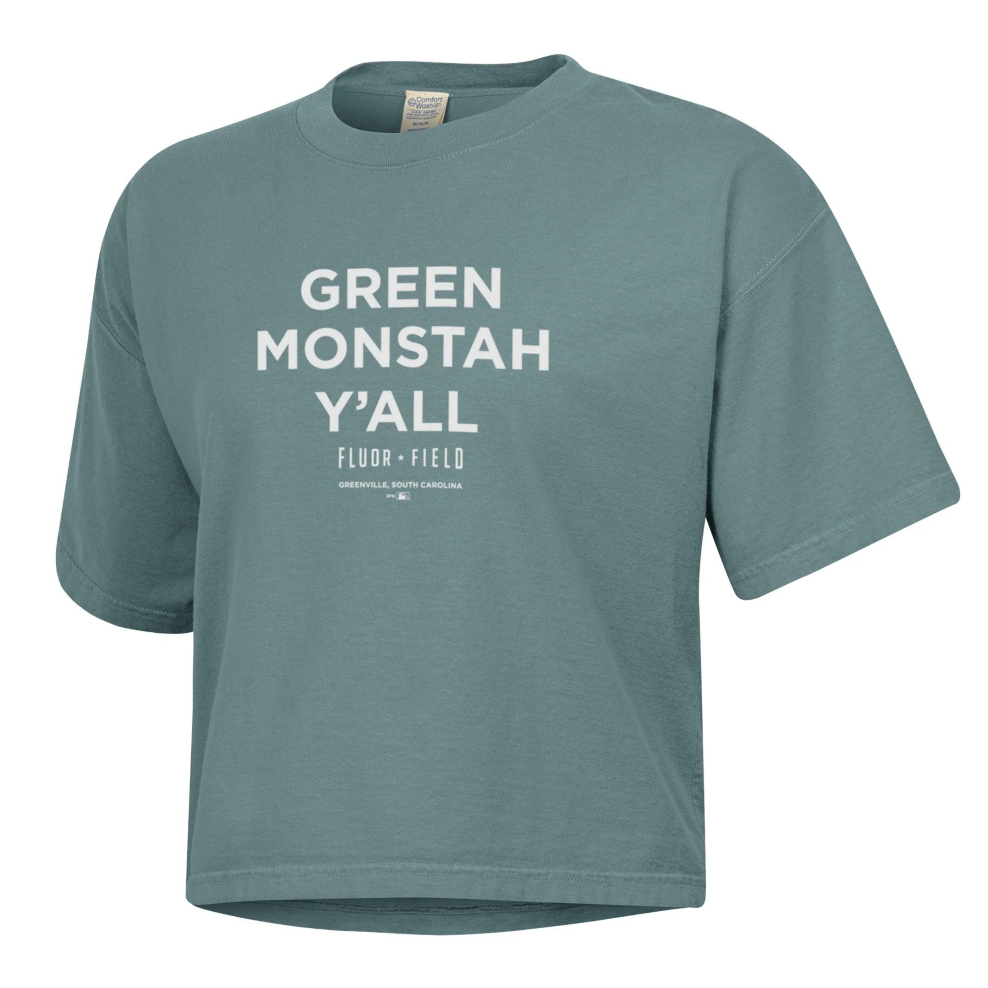 Greenville Drive Woman's Comfort Wash Green Monstah Y'all Cropped Tee
