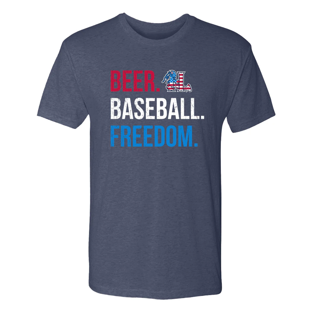 Hickory Crawdads 108 Stitches Blue Beer Baseball Freedom Tee