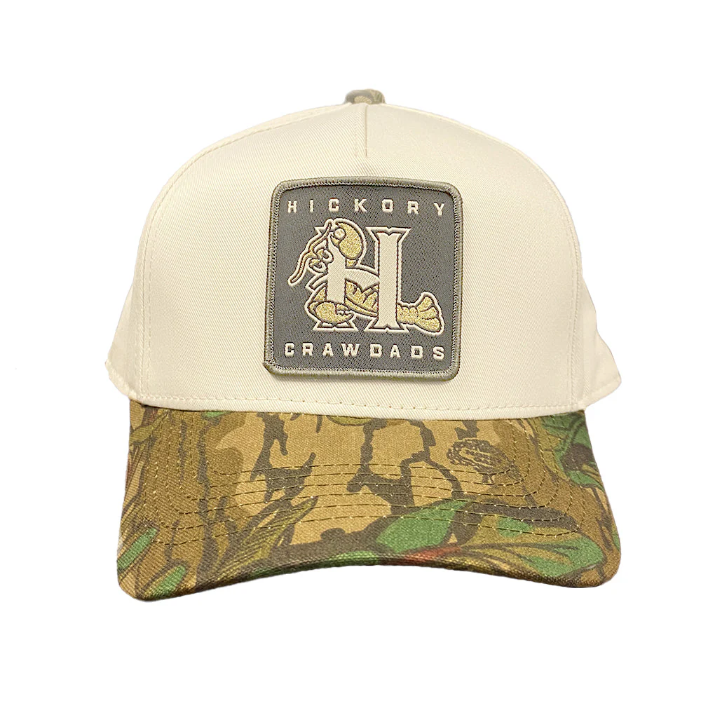 Hickory Crawdads Outdoor Cap Ivory/Mossy Oak Patch 5 Panel Adjustable Cap - Image 2