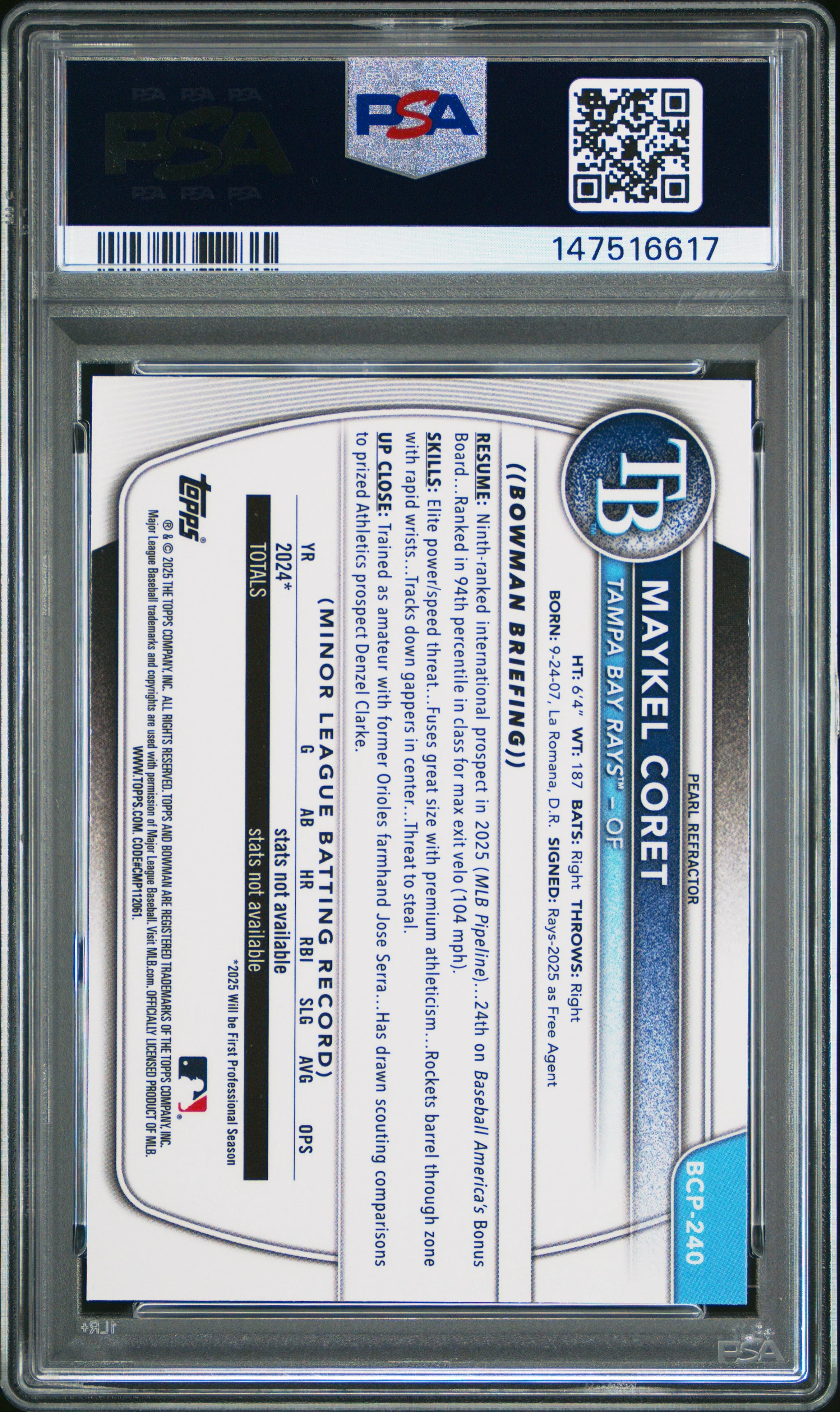 Maykel Coret 2025 Bowman Chrome Prospects #BCP240 Pearl Refractor PSA 9 - Image 2