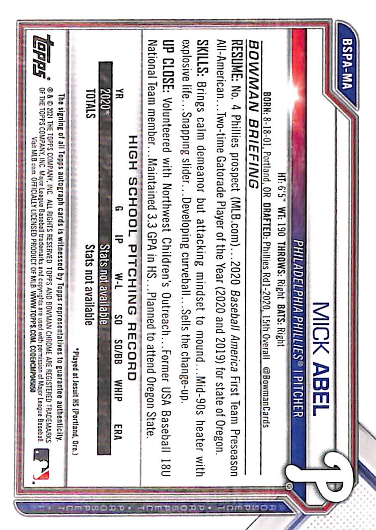 Mick Abel 2021 Bowman Chrome #BSPA-MA Sapphire Re - Image 2