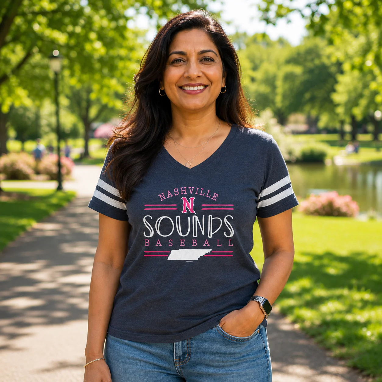 Nashville Sounds Ladies Handdrawn Vintage True Navy Sporty Tee - Image 2