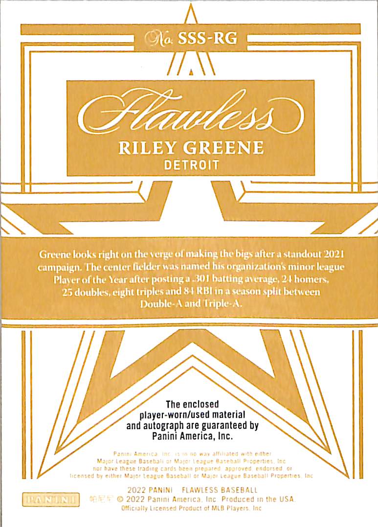 Riley Greene 2022 Flawless #SSS-RG Star Swatch Si - Image 2