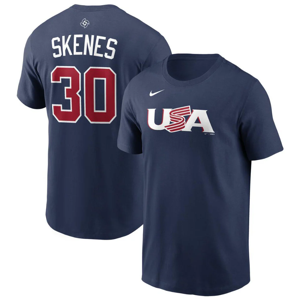 Team USA Adult 2026 NIKE Navy Paul Skenes World Baseball Classic Name & Number Tee