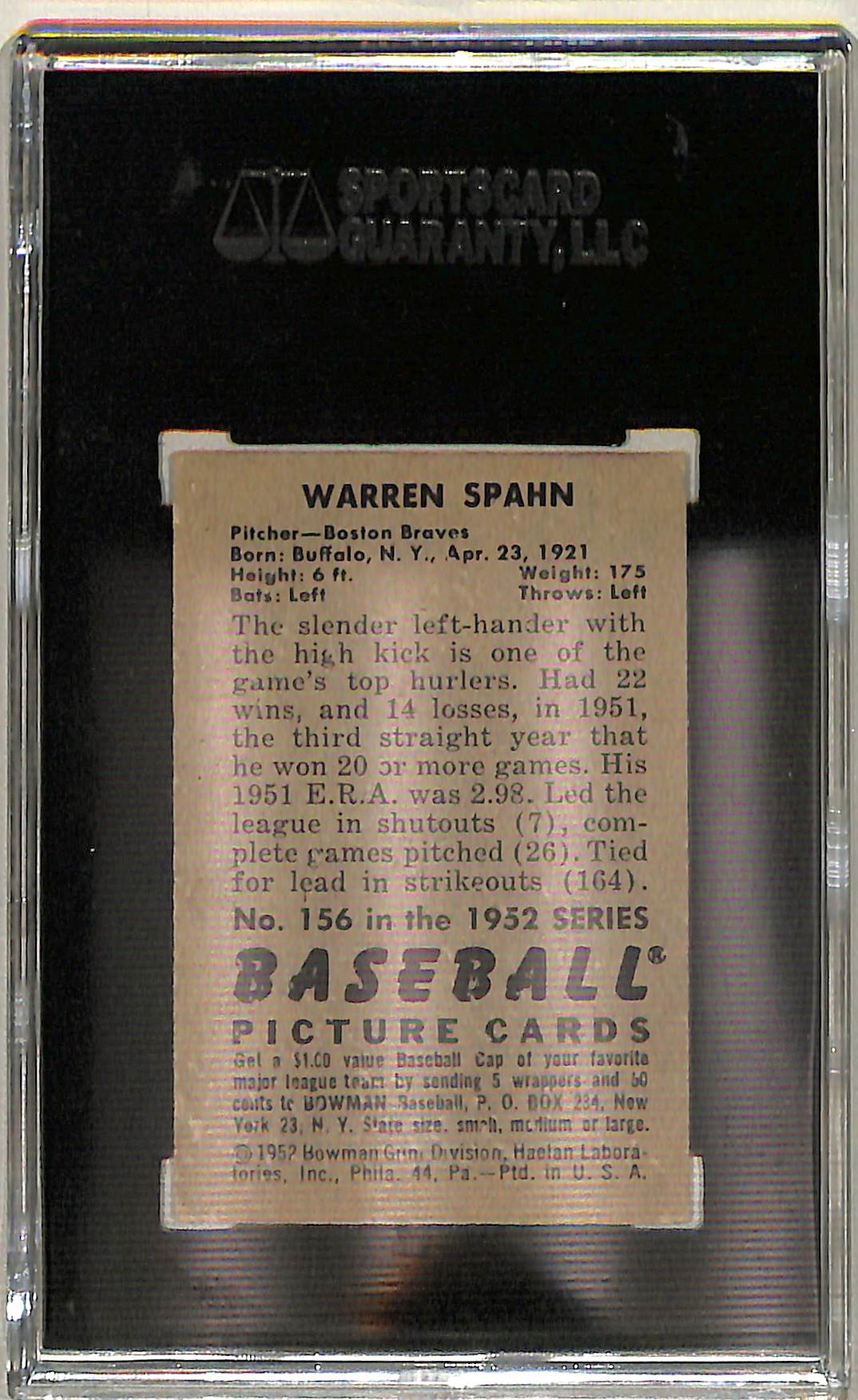 Warren Spahn 1952 Bowman #156 SGC 3 - Image 2