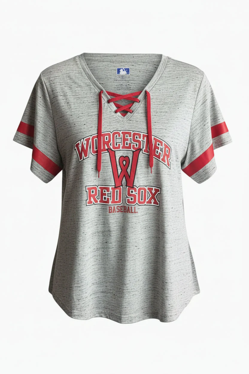 Worcester Red Sox Profile Gray Women's Lace Up V-Neck Tee
